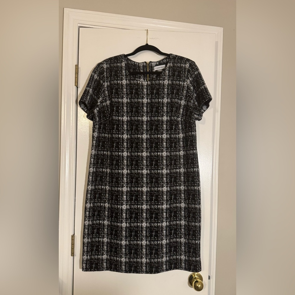 Calvin Klein Black and White Checkered Mini Dress tweed stretchy shift dress